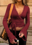 Women's Autumn Solid Color Sexy V-Neck Lace Trim Tie-Waist Long Sleeve Slim-Fitting T-Shirt