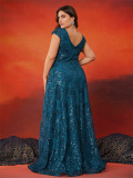Women's Large V-Neck Sequin Floor-Length Elegant Bell Sleeve Formal Party Evening Gown