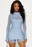 Women's Autumn Solid Color Long Sleeve Mesh Patchwork Strap Dress Jumpsuit Set