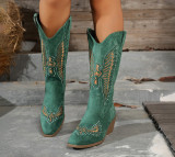 Women's Fashion Autumn Winter Mid Heel Round Toe Plus Size Embroidered Leather Boots