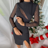 Women's Autumn Slit Stand Collar Slim-Fitting Patchwork Mesh Plaid Dress