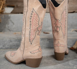 Women's Fashion Autumn Winter Mid Heel Round Toe Plus Size Embroidered Leather Boots