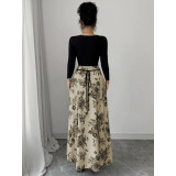 Women's Elegant Floral Print Square Neck Patchwork Tie-Waist Dress