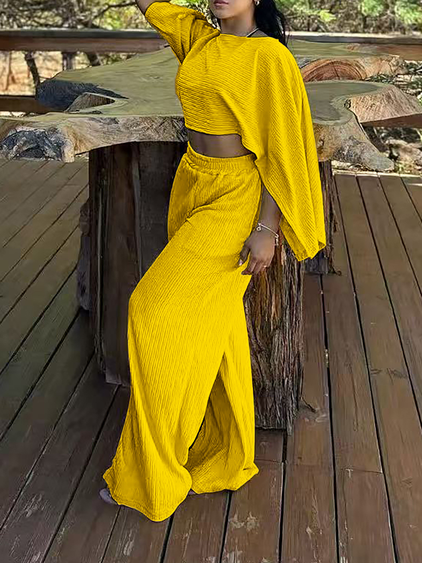 Women's Fashion Sexy Beach Holidays Solid Slash Shoulder Irregular Top with Elastic Waist Pockets Long Pants Set