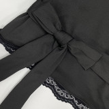 Women's Autumn Solid Color Sexy V-Neck Lace Trim Tie-Waist Long Sleeve Slim-Fitting T-Shirt