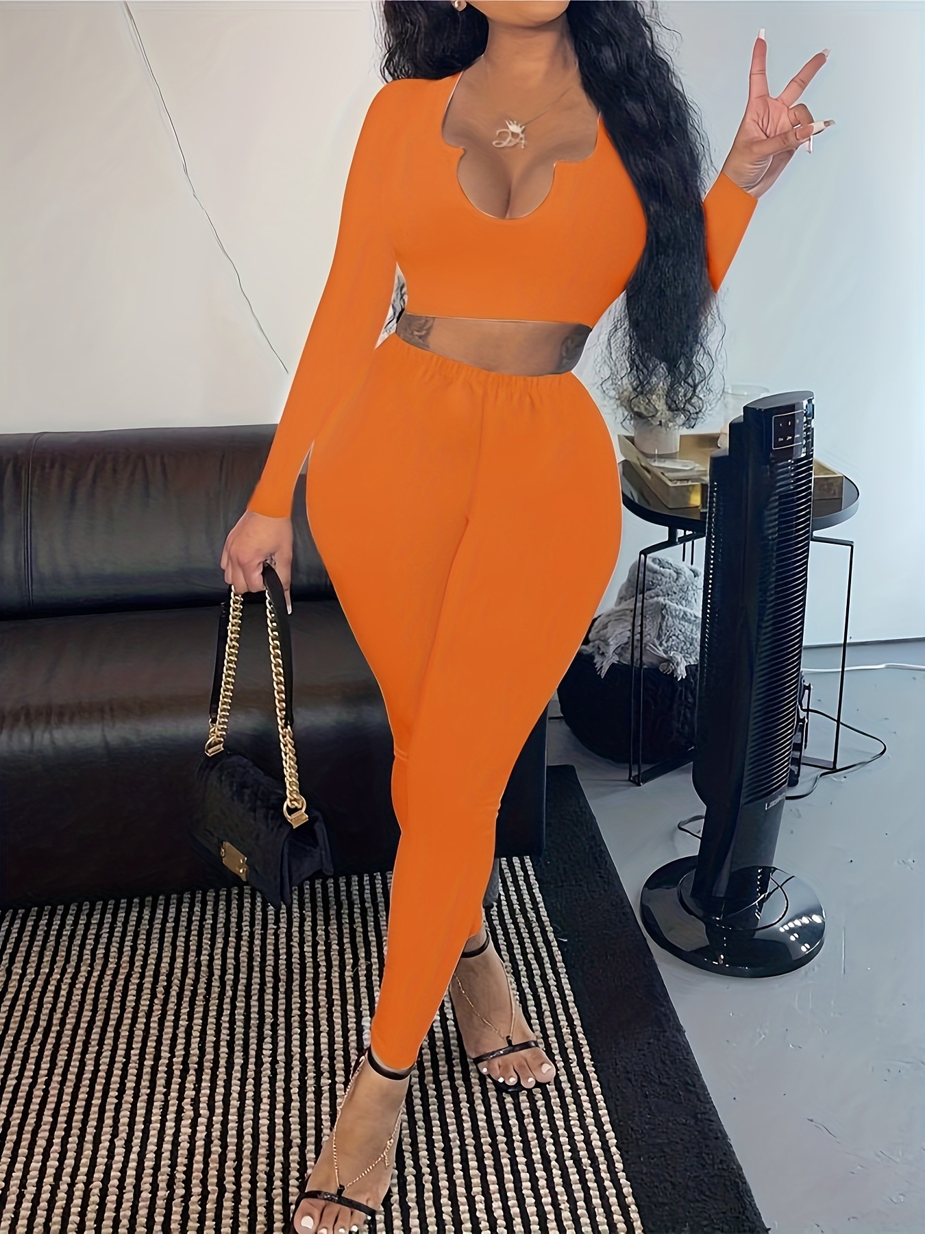 Women's Casual U-Neck Long Sleeve Two Piece Pants Set