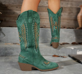 Women's Fashion Autumn Winter Mid Heel Round Toe Plus Size Embroidered Leather Boots