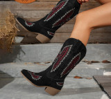 Women's Fashion Autumn Winter Mid Heel Round Toe Plus Size Embroidered Leather Boots