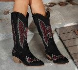 Women's Fashion Autumn Winter Mid Heel Round Toe Plus Size Embroidered Leather Boots