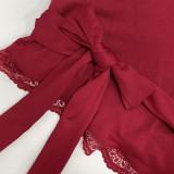 Women's Autumn Solid Color Sexy V-Neck Lace Trim Tie-Waist Long Sleeve Slim-Fitting T-Shirt