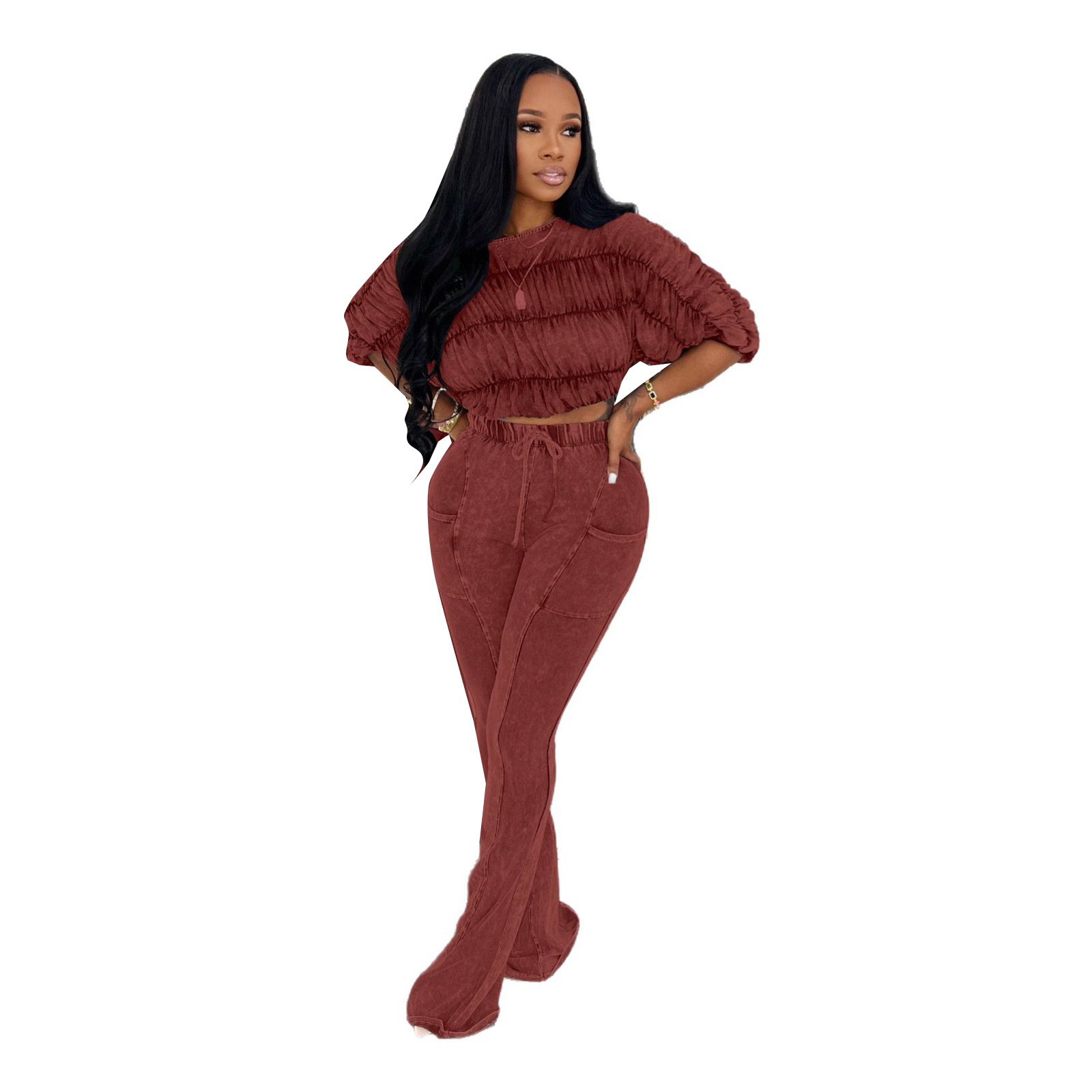 Women's Sexy Crop Top Slim-Fitting Flared Pants Two-Piece Set