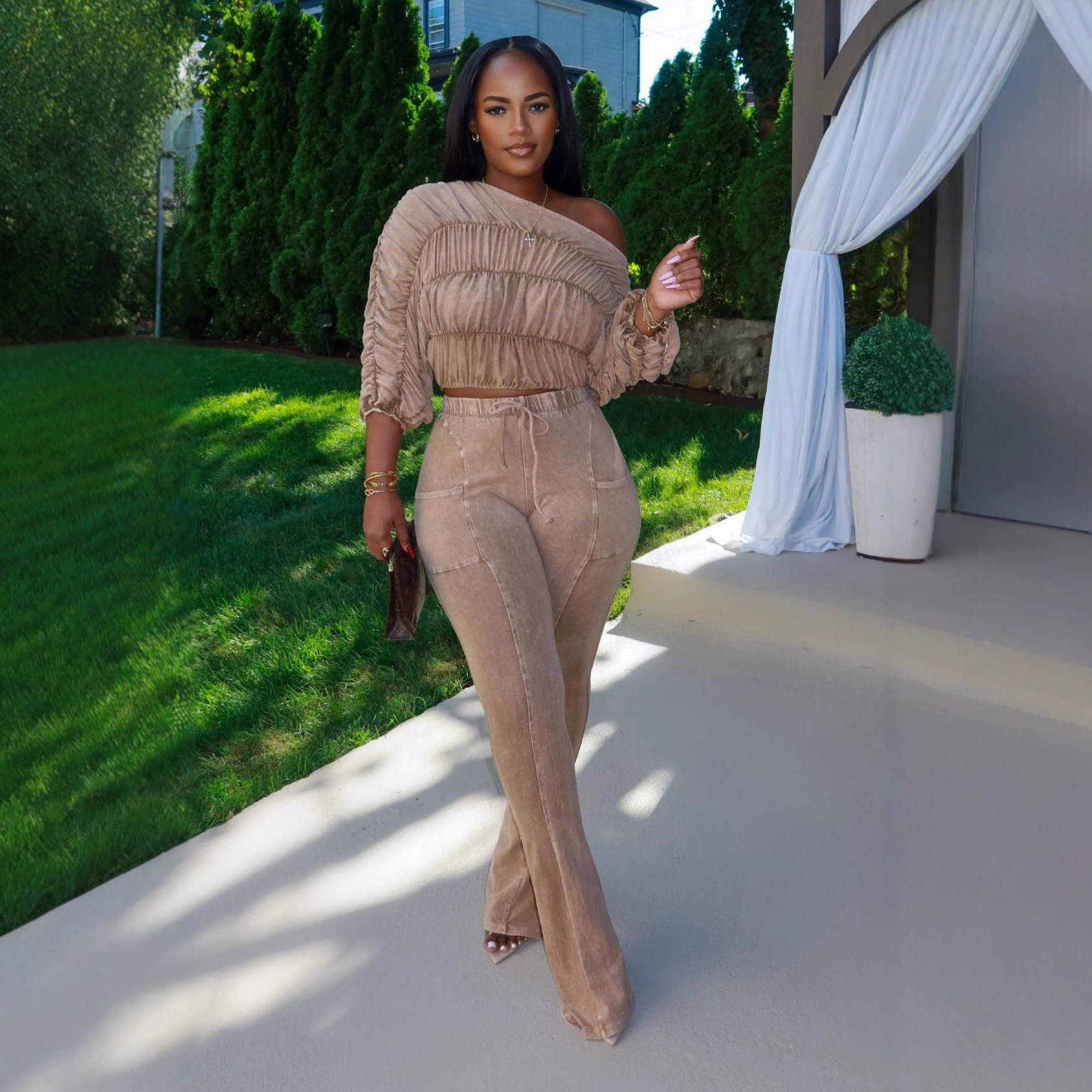 Women's Sexy Crop Top Slim-Fitting Flared Pants Two-Piece Set