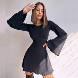 Women's Autumn Fashion Sexy Short Bell Sleeve Round Neck Hollow-Out Lace-Up Dress