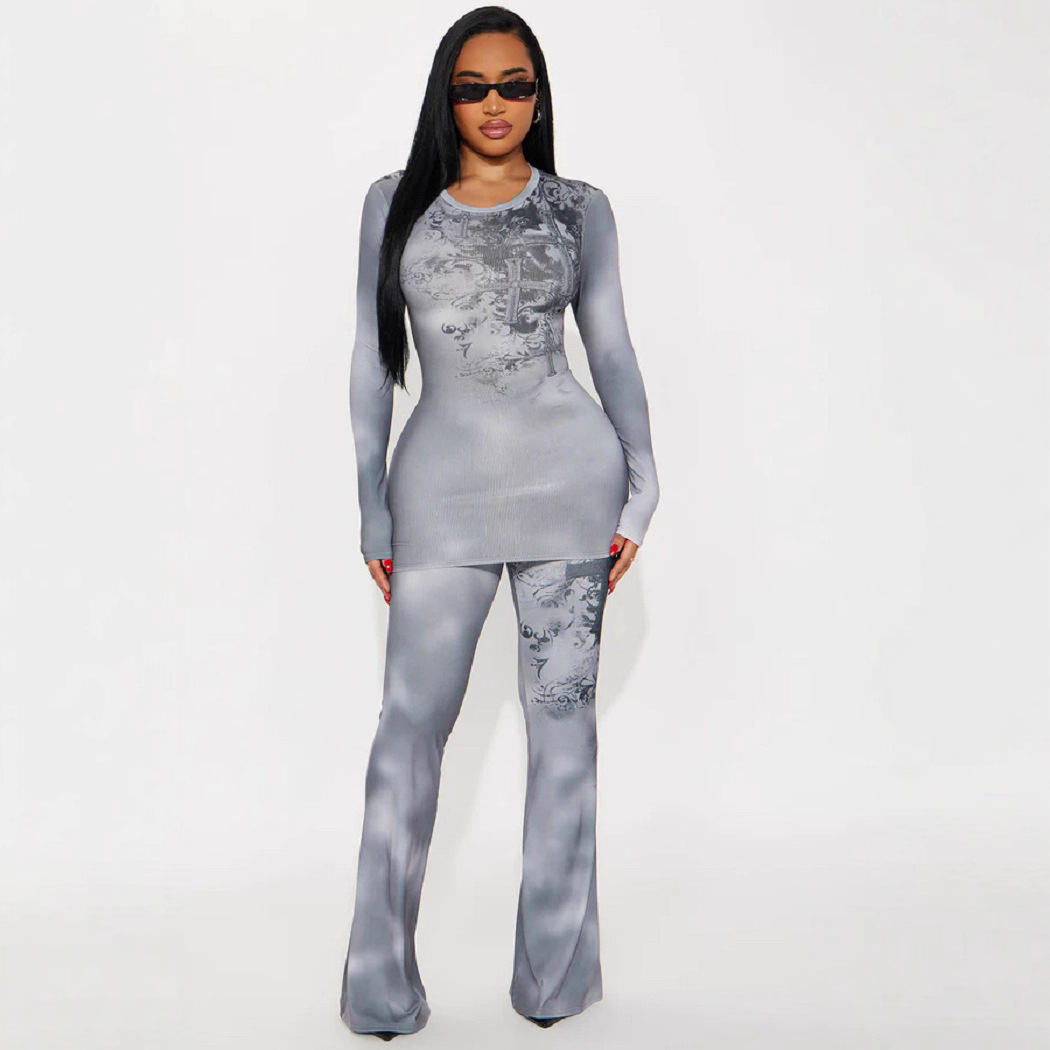 Women's Sexy Tie-Dye Gray Long Sleeve Top Flared Pants Two-Piece Set