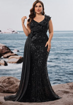 Plus Size Women's Elegant Sequin Patchwork V-Neck Ruffle Sleeve Evening Dress Mother of the Bride Gown Plus Size Women's Elegant Sequin Patchwork V-Neck Ruffle Sleeve Evening Dress Mother of the Bride Gown