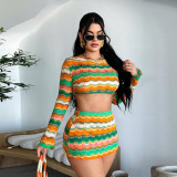 Women's Autumn Winter Sexy Crop Top Yarn-Dyed Multi-Color Skirt Set
