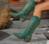 Women's Fashion Autumn Winter Mid Heel Round Toe Plus Size Embroidered Leather Boots