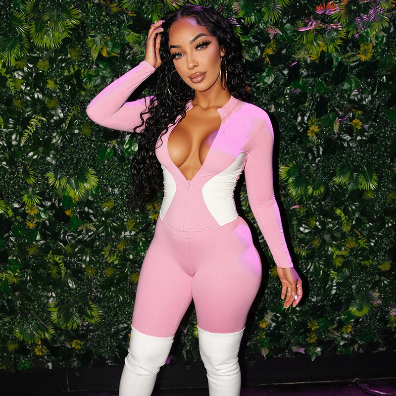 Women's Autumn Slim-Fitting Zipper Fitness Color-Blocking Sport Jacket Pants Set