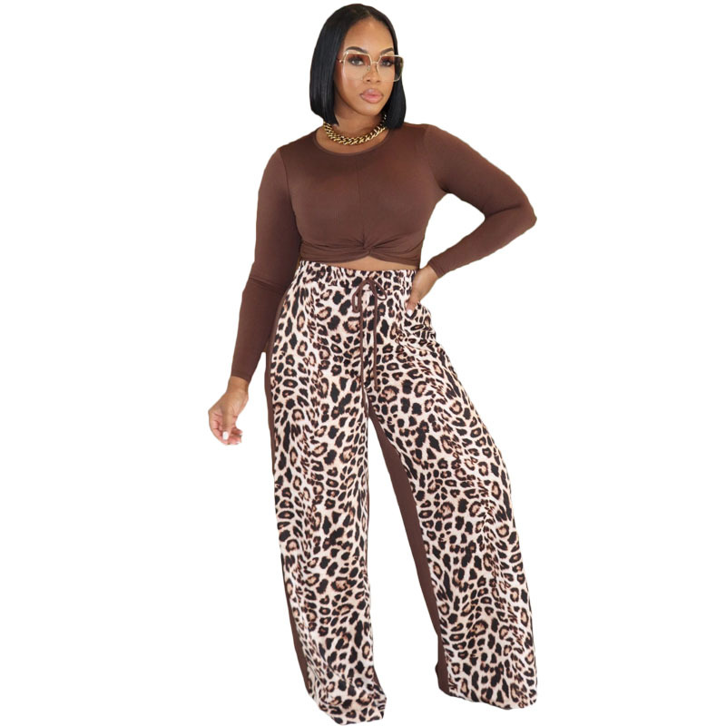 Women's Leopard Print Top Fashion Wide-Leg Long Pants Two-Piece Set