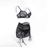 Women's Sexy Lightweight Hollow-Out Underwire Push-Up Lace Bra Drawstring Bodycon Skirt Lingerie Set