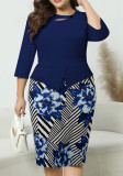 Autumn Plus Size Round Neck Print Patchwork Chic Career Bodycon Dress