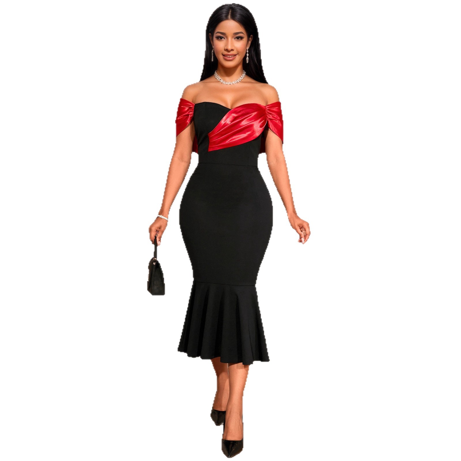 Women's Off-Shoulder Sexy Color-Blocking Party Dress with Flounce Hem Slim Fit Mermaid Evening Gown