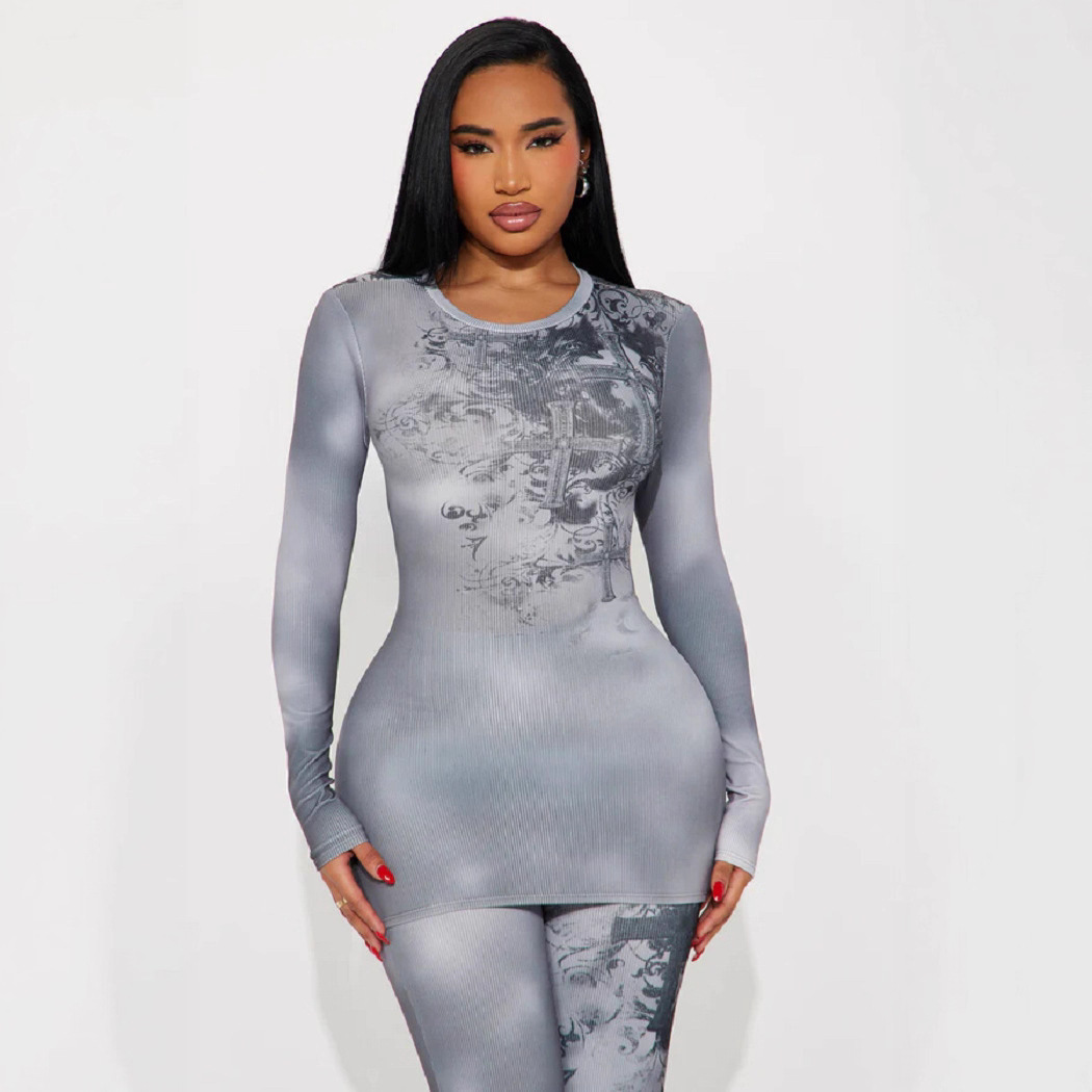 Women's Sexy Tie-Dye Gray Long Sleeve Top Flared Pants Two-Piece Set