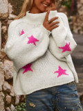 Women's Autumn Winter Casual Loose High Neck Pullover Long Sleeve Star Pattern Knitting Sweater