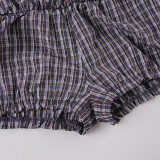 Women's Plaid Lace Trim Elastic Tie-Waist Trendy Woven Short Shirt Set