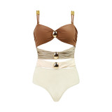 Women's Gold Buttons Color-Blocking Three-Color Sexy One-Piece Swimsuit