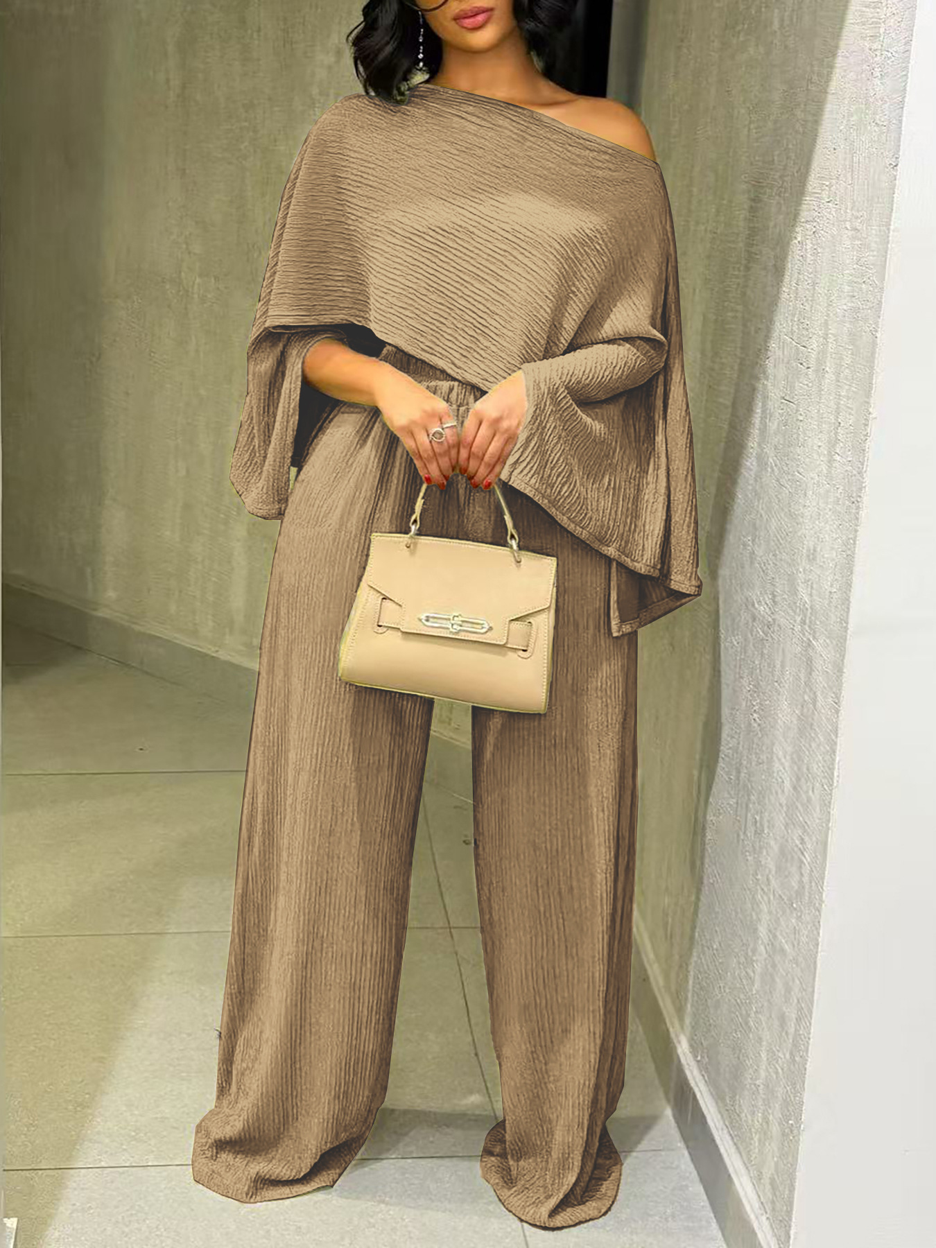 Women's Fashion Sexy Beach Holidays Solid Slash Shoulder Irregular Top with Elastic Waist Pockets Long Pants Set