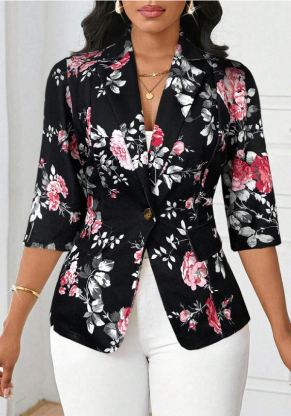 Women's Autumn Fashion Print Single Button Slim Blazer Short Jacket