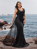 Plus Size Women's Elegant Sequin Patchwork V-Neck Ruffle Sleeve Evening Dress Mother of the Bride Gown