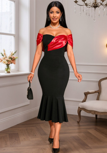 Women's Off-Shoulder Sexy Color-Blocking Party Dress with Flounce Hem Slim Fit Mermaid Evening Gown