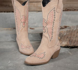 Women's Fashion Autumn Winter Mid Heel Round Toe Plus Size Embroidered Leather Boots