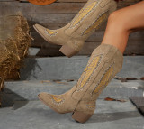 Women's Fashion Autumn Winter Mid Heel Round Toe Plus Size Embroidered Leather Boots