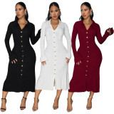 Women's Fashion V-Neck Single Row Buttons Long Sleeve Solid Long Dress