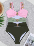 Women's Gold Buttons Color-Blocking Three-Color Sexy One-Piece Swimsuit