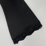 Women's Autumn Solid Color Sexy V-Neck Lace Trim Tie-Waist Long Sleeve Slim-Fitting T-Shirt