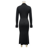 Women's Fashion V-Neck Single Row Buttons Long Sleeve Solid Long Dress