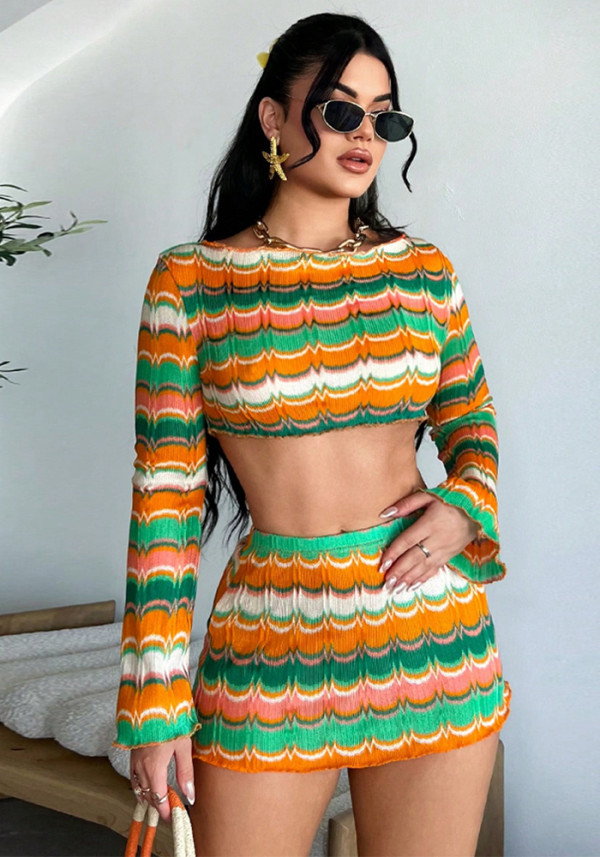 Women's Autumn Winter Sexy Crop Top Yarn-Dyed Multi-Color Skirt Set