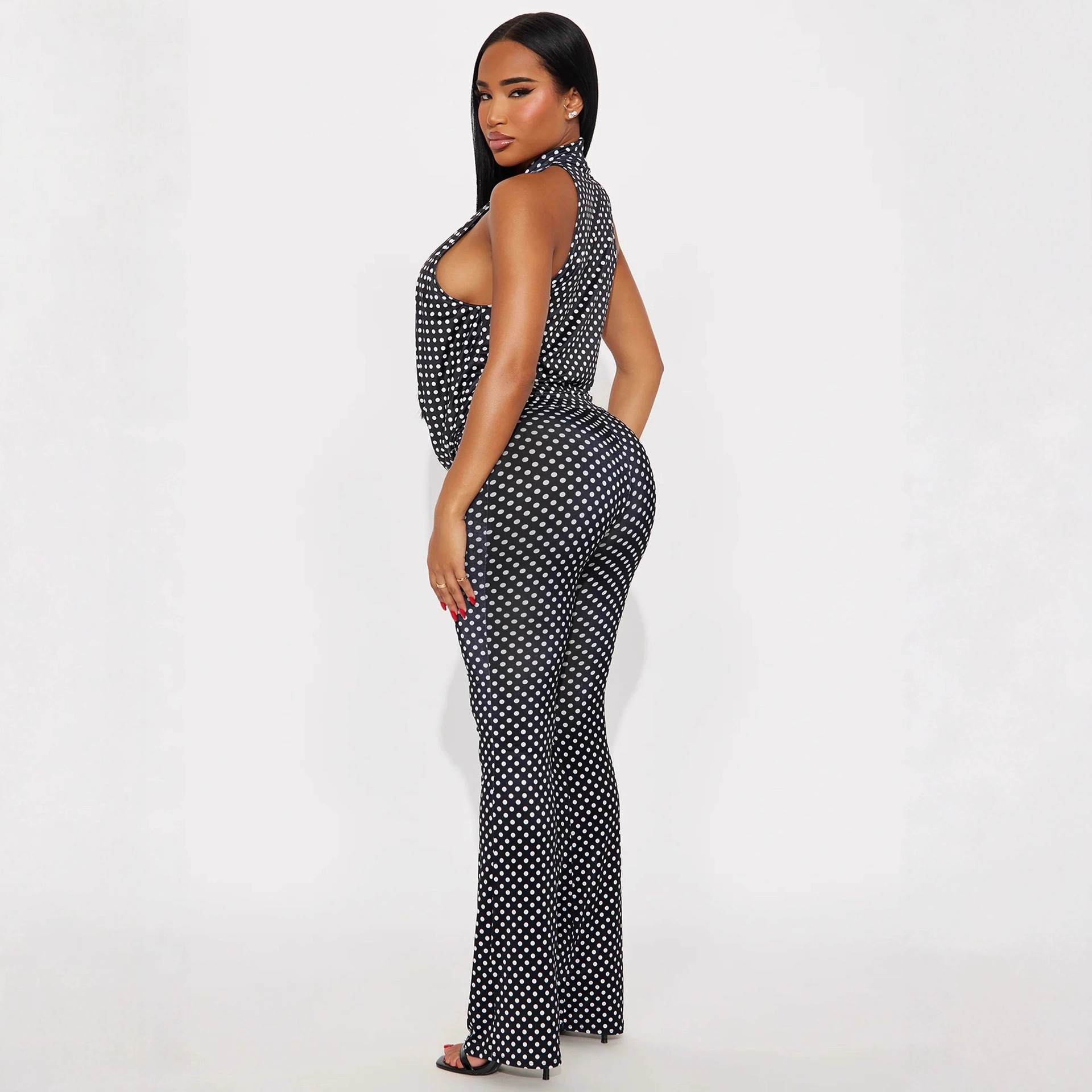 Women's Fashion Spot Print Hollow Out Strappy Top Pants Two-Piece Set