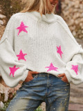 Women's Autumn Winter Casual Loose High Neck Pullover Long Sleeve Star Pattern Knitting Sweater