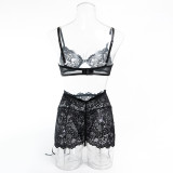 Women's Sexy Lightweight Hollow-Out Underwire Push-Up Lace Bra Drawstring Bodycon Skirt Lingerie Set