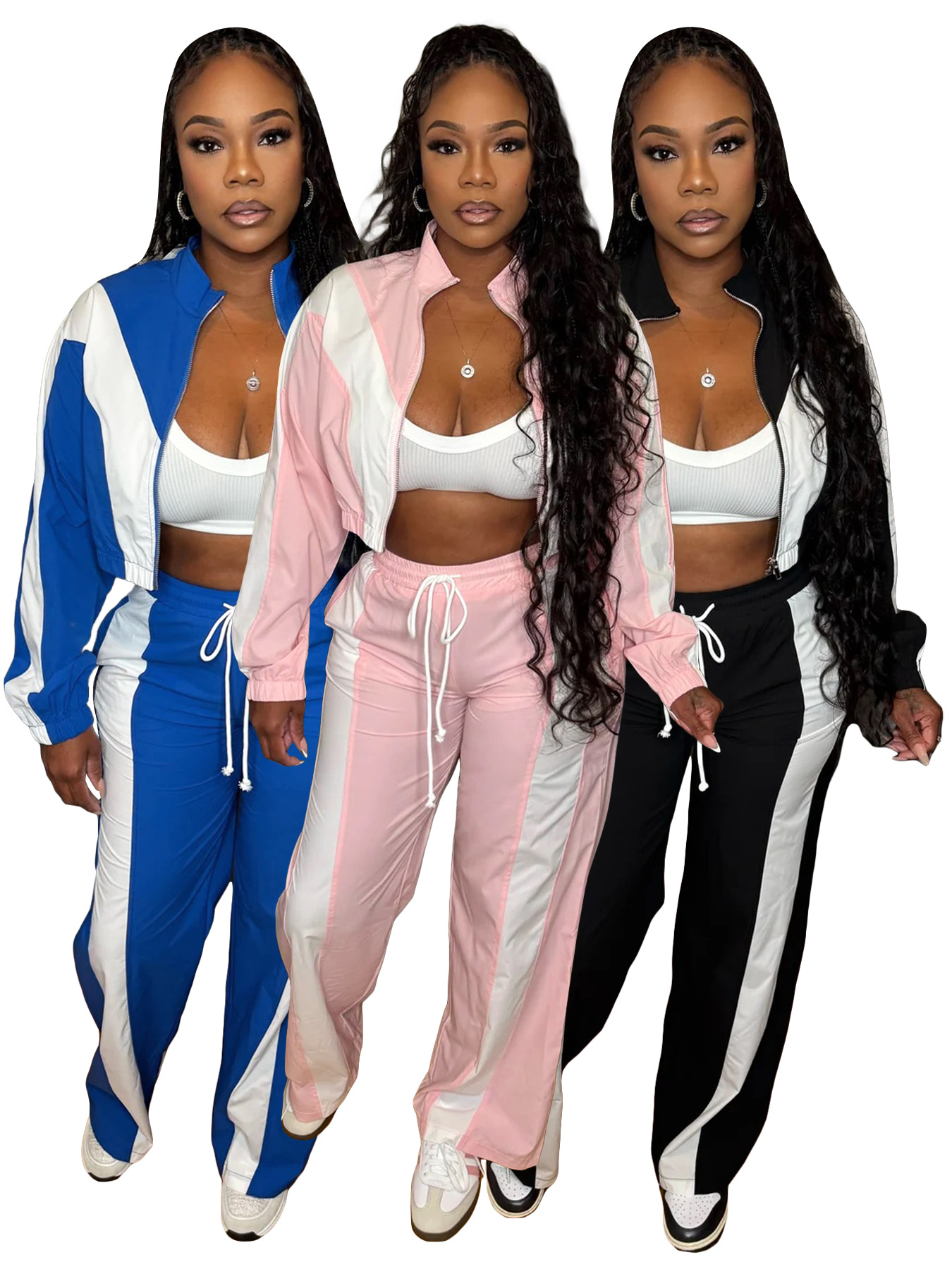 Women's Fashion Color-Blocking Zipper Cardigan Wide-Leg Drawstring Sport Pants Two-Piece Set
