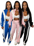 Women's Fashion Color-Blocking Zipper Cardigan Wide-Leg Drawstring Sport Pants Two-Piece Set