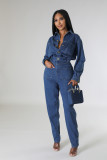 Women's Slim-Fitting Stretch  Washed Denim Pocket Jumpsuit
