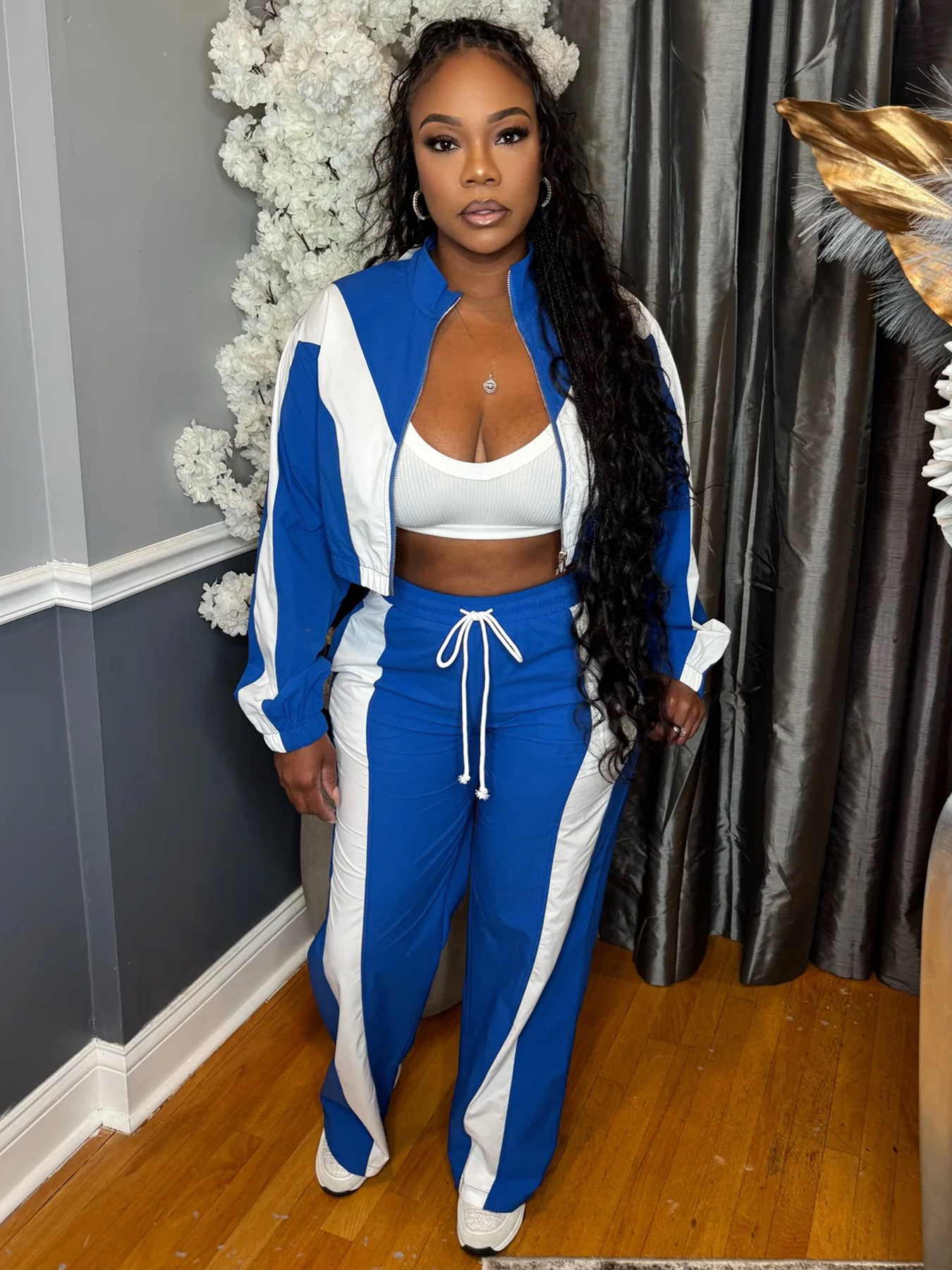 Women's Fashion Color-Blocking Zipper Cardigan Wide-Leg Drawstring Sport Pants Two-Piece Set