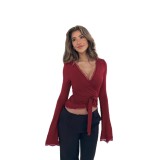 Women's Autumn Solid Color Sexy V-Neck Lace Trim Tie-Waist Long Sleeve Slim-Fitting T-Shirt