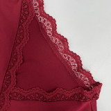 Women's Autumn Solid Color Sexy V-Neck Lace Trim Tie-Waist Long Sleeve Slim-Fitting T-Shirt